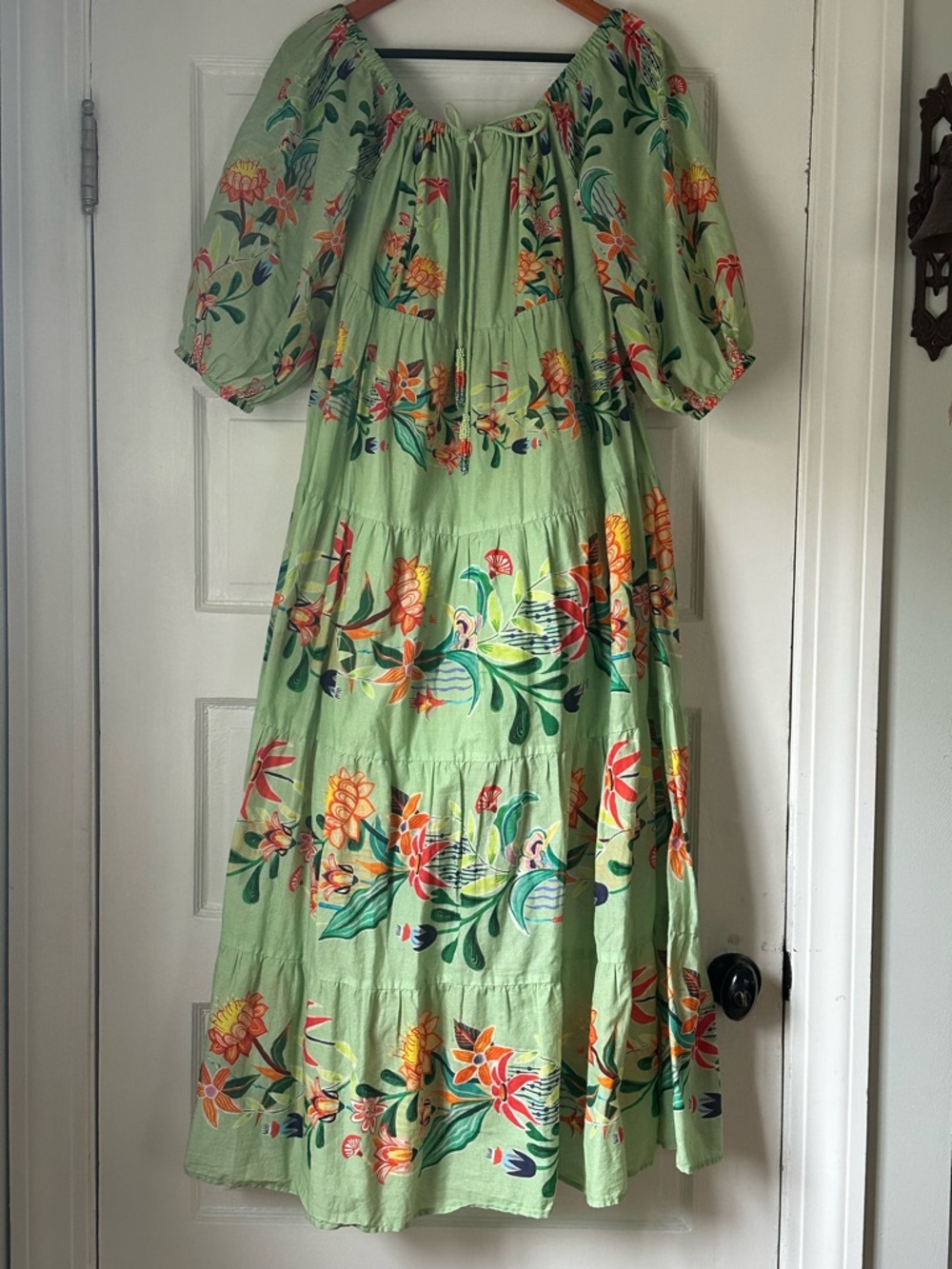 FARM Rio Mint Green Floral Tiered Maxi Dress with Puff Sleeves
